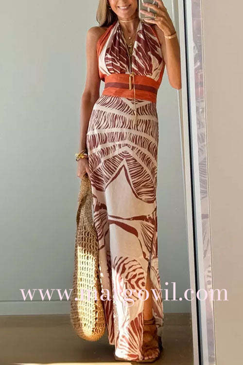 Halter V Neck Backless Side Slit Print Maxi Dress