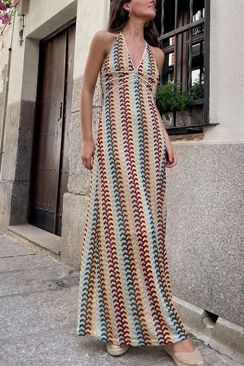 Margovil Halter V Neck Backless Color Block Crochet Maxi Dress