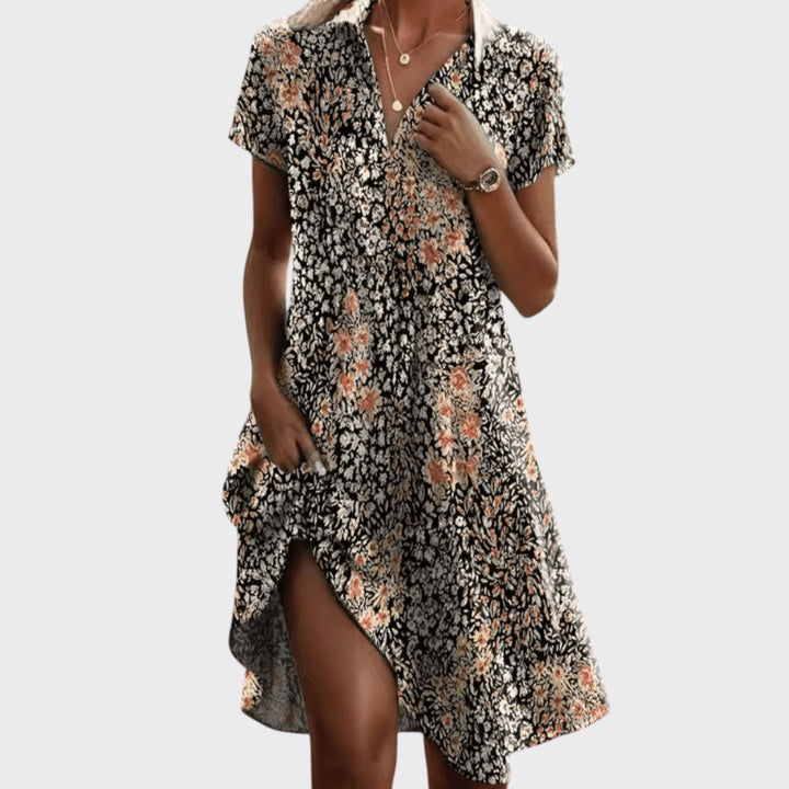 Eszter - Summer Short-Sleeve V-Neck Women's Dress with Pockets