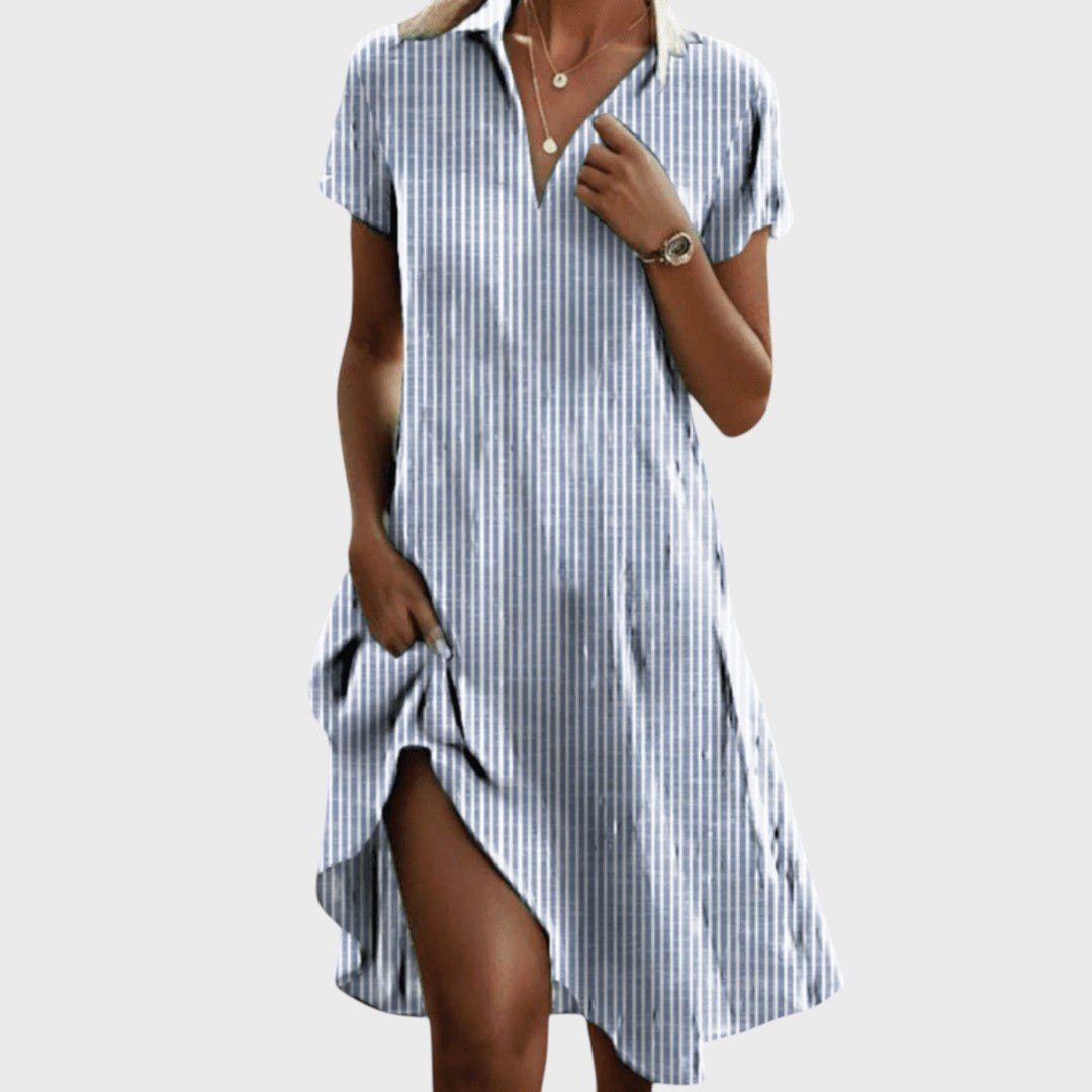 Eszter - Summer Short-Sleeve V-Neck Women's Dress with Pockets