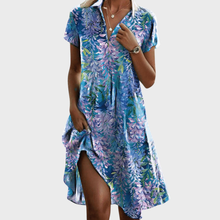 Eszter - Summer Short-Sleeve V-Neck Women's Dress with Pockets