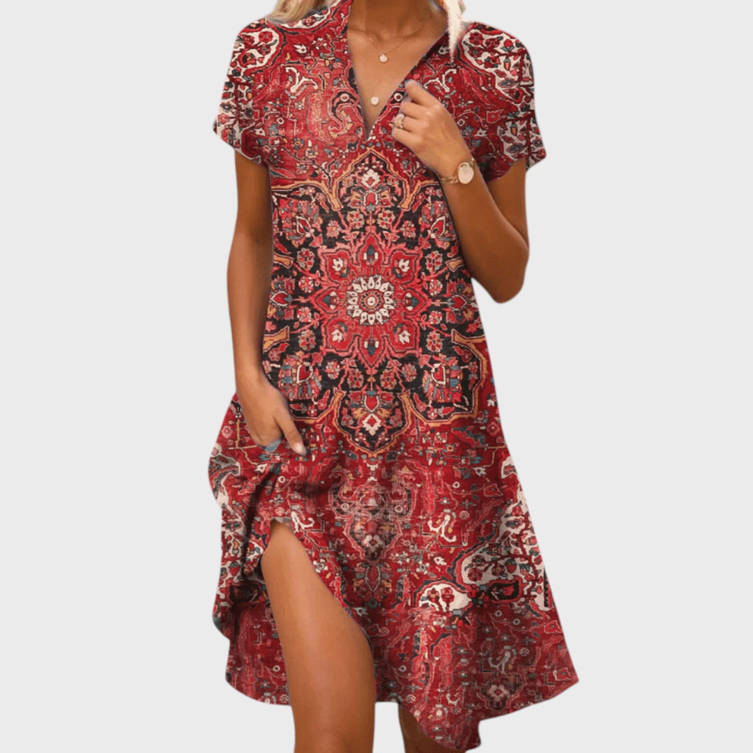 Eszter - Summer Short-Sleeve V-Neck Women's Dress with Pockets