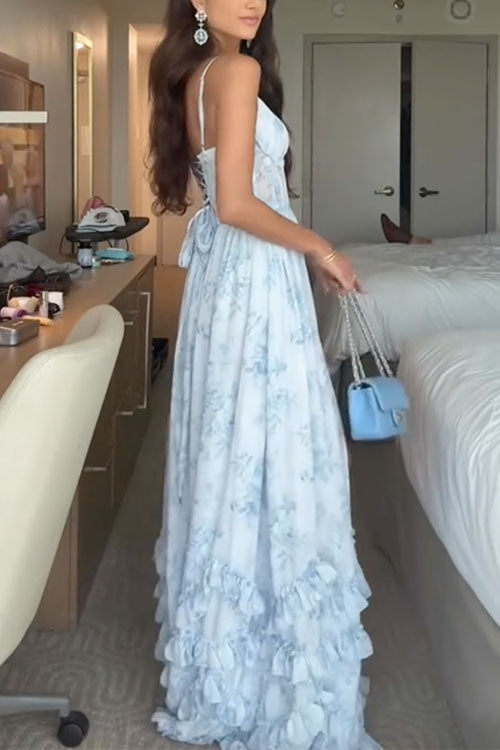 Margovil Back Lace-up Ruffle Hem Slit Floral Print Maxi Cami Dress
