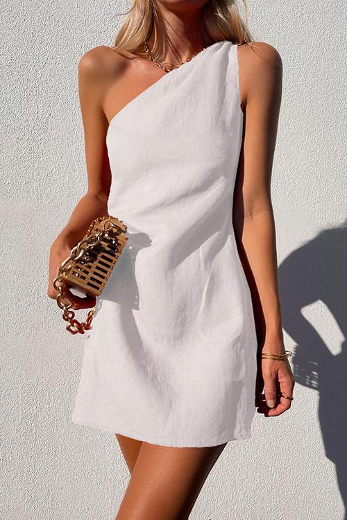 Margovil One Shoulder Solid Cotton Linen Mini Dress