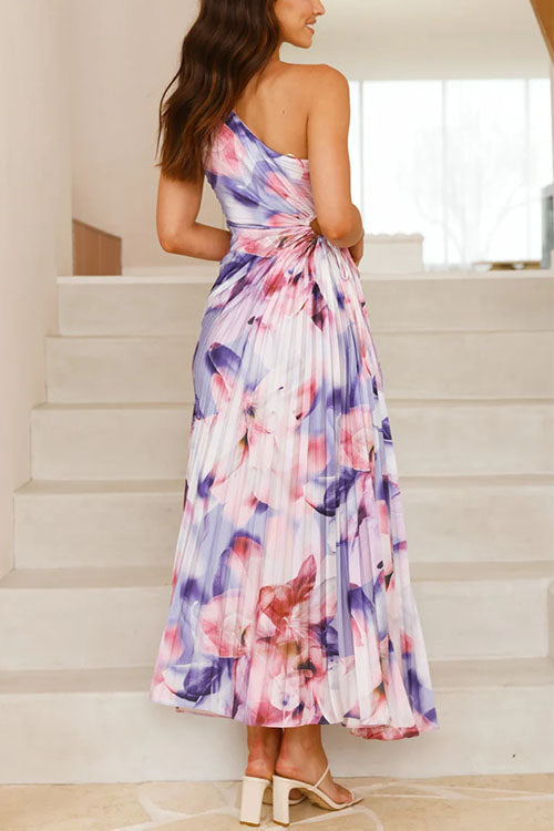 Margovil One Shoulder Sleeveless Cut Out Floral Print Pleated Maxi Dress