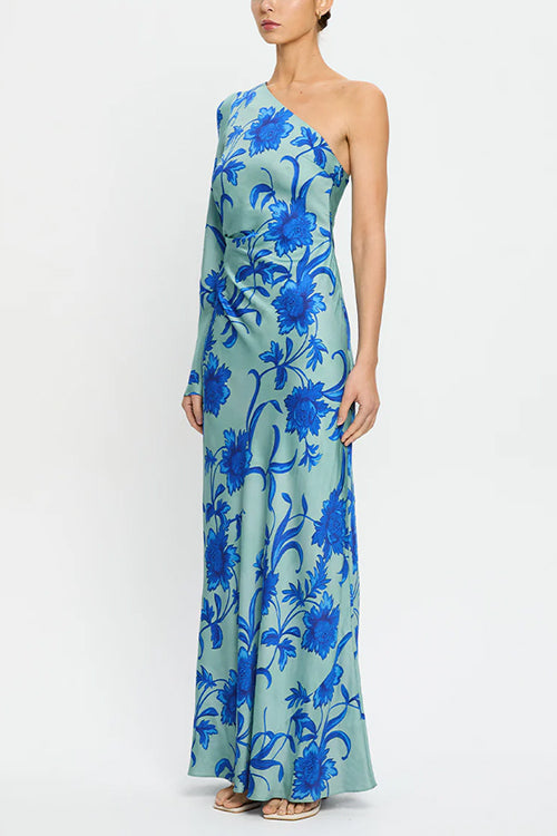 One Shoulder Long Sleeve Floral Print Maxi Dress