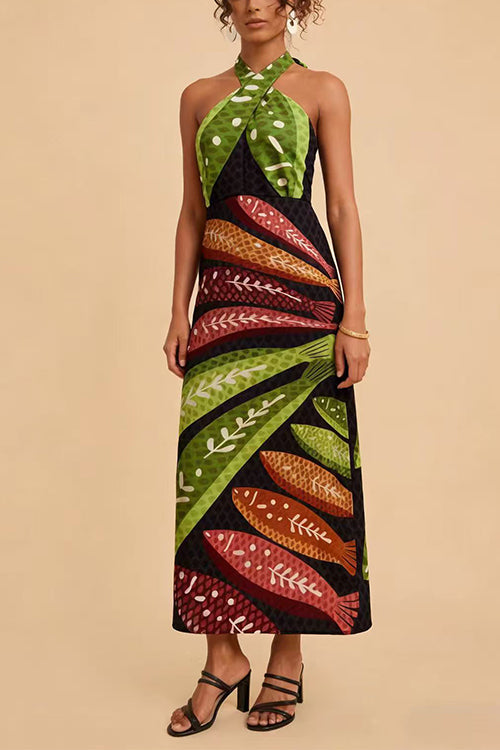 Margovil Halter Neck Backless Fish Print Maxi Dress
