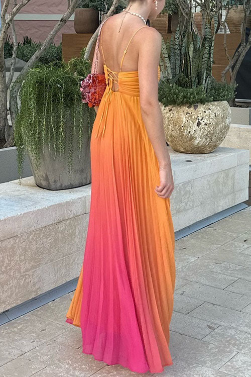 Ruched Back Lace-up Gradient Pleated Maxi Cami Dress
