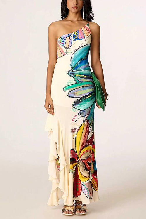 One Shoulder Sleeveless Floral Print Ruffle Slit Maxi Dress