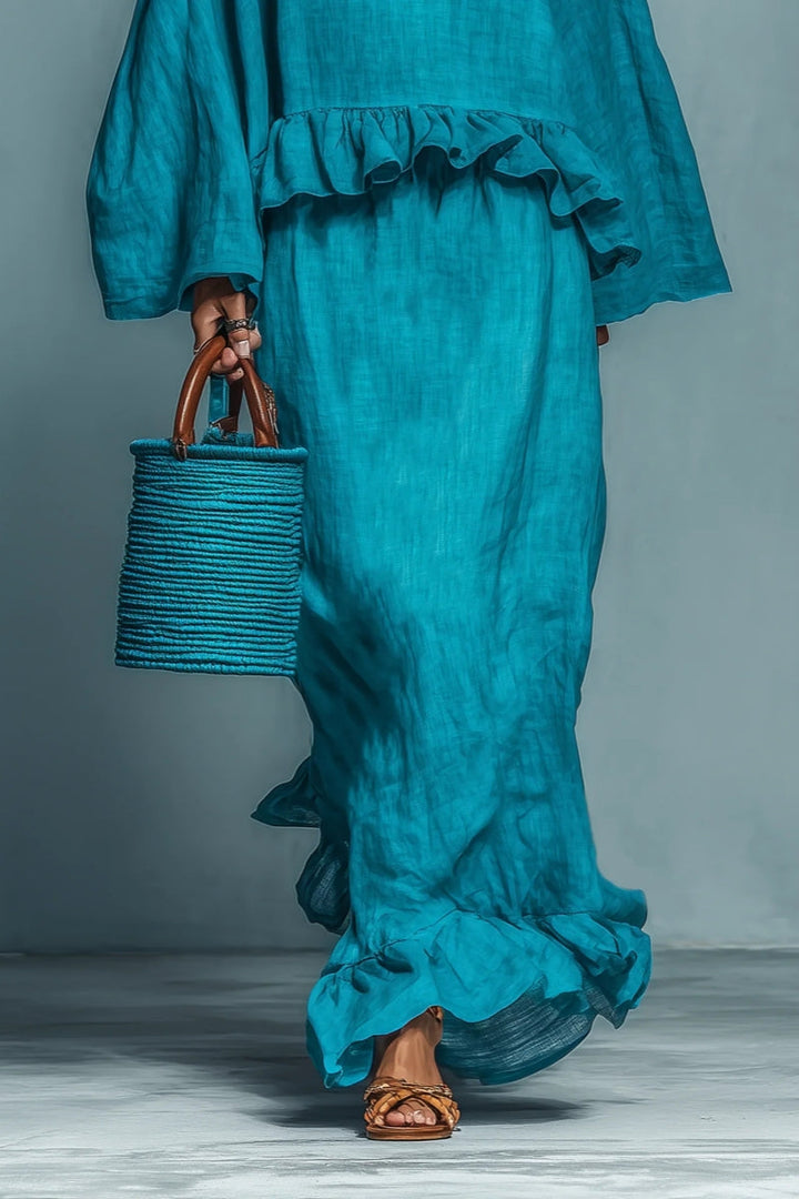 Blue Ruffle Linen-Blend Blouse & Skirt Set