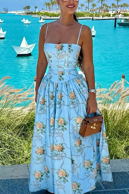 Margovil Spaghetti Strap Waisted Floral Print A-line Maxi Dress