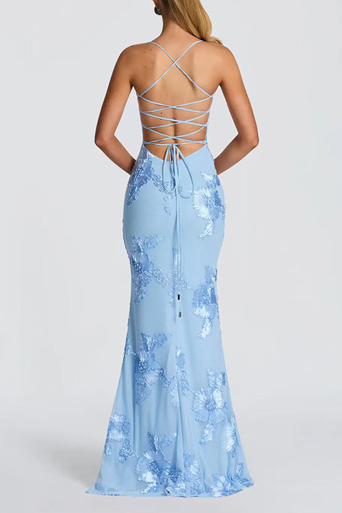 Margovil Backless Lace-up Corset Flower Embroidery Maxi Cami Dress
