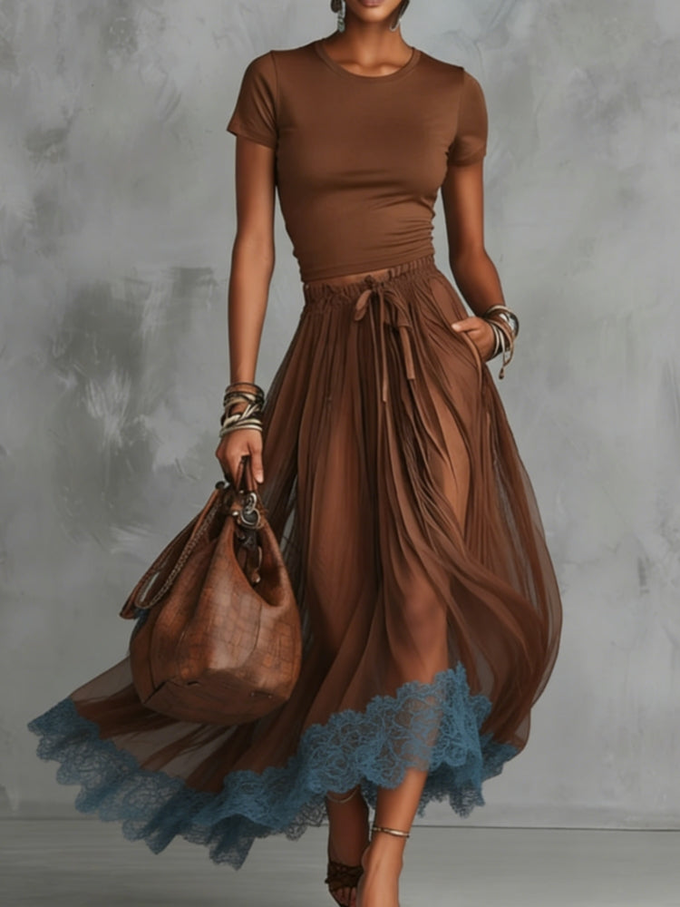 Brown & Blue Lace Tulle Skirt Set