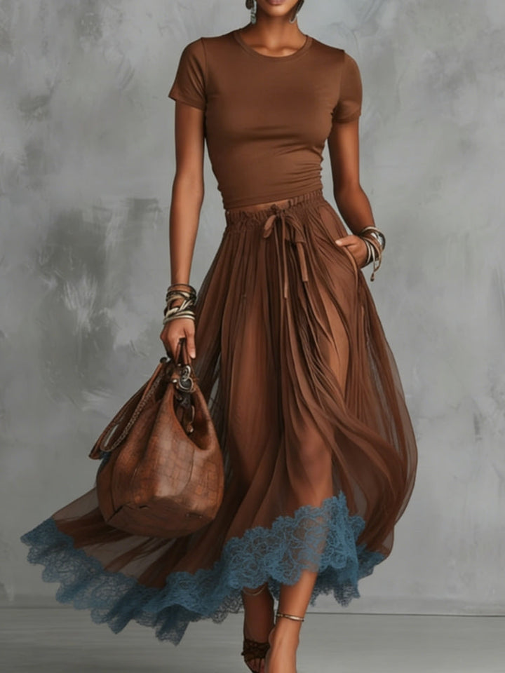 Brown & Blue Lace Tulle Skirt Set