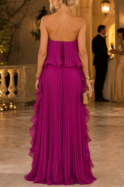 Margovil Elegant Strapless Tube Ruffle Pleated Maxi Dress