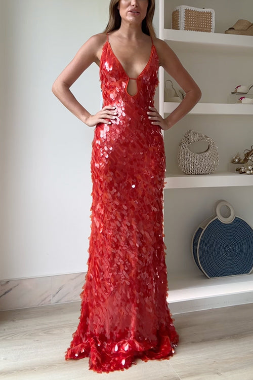 Margovil Spaghetti Strap V Neck Glitter Sequin Maxi Party Dress