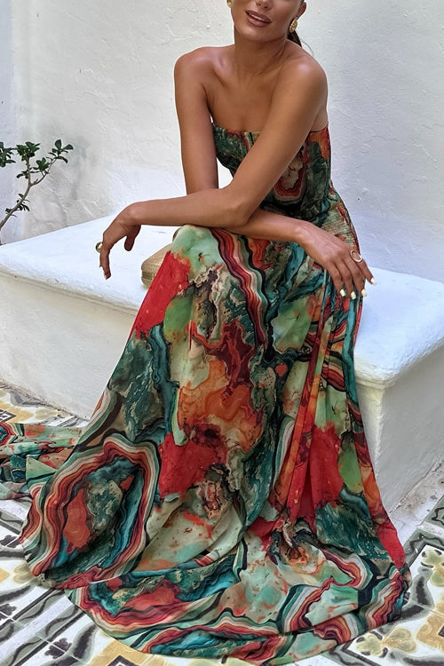 Strapless Smocked Ombre Print Swing Maxi Dress