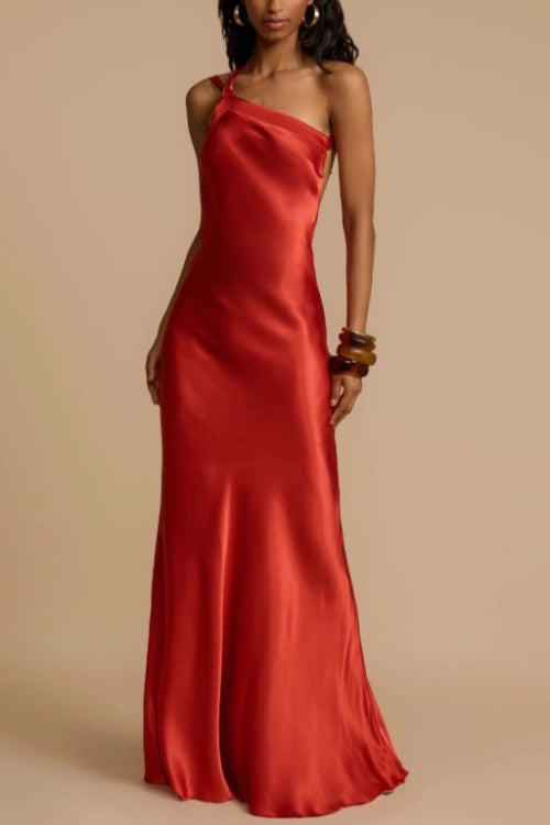 One Shoulder Backless Satin Maxi Party Dress