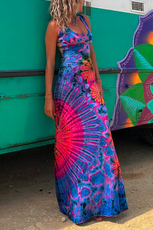 Criss Cross Backless Tie Dye Maxi Cami Dress