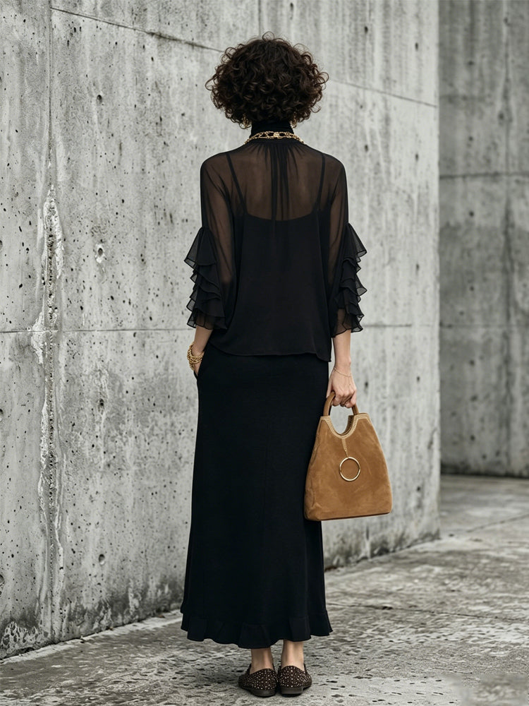 Black Ruffled Layered Chiffon Maxi Set