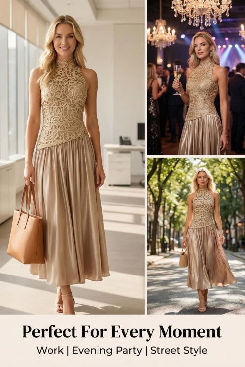 Mockneck Sleeveless Lace Splice Satin Maxi Dress