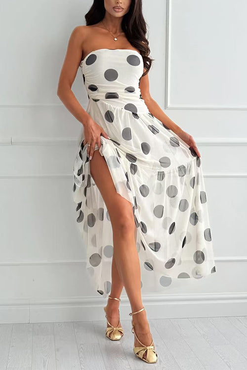 Margovil Strapless Polka Dot Mesh Ruffle Hem Maxi Dress