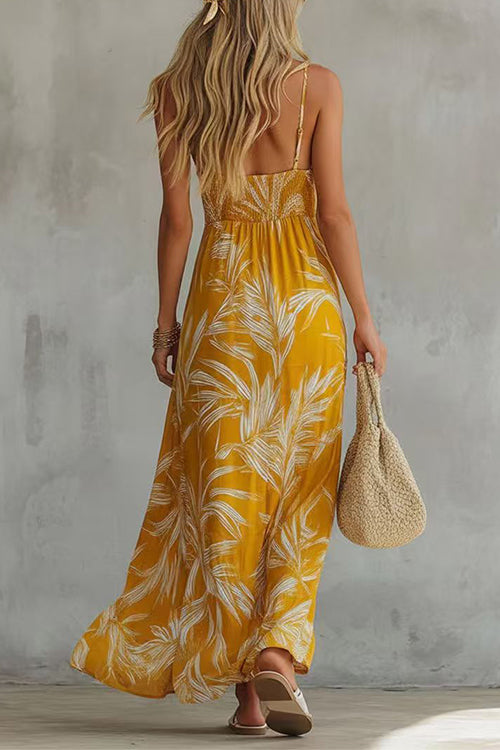 Margovil Spaghetti Strap V Neck Printed Chiffon Maxi Dress