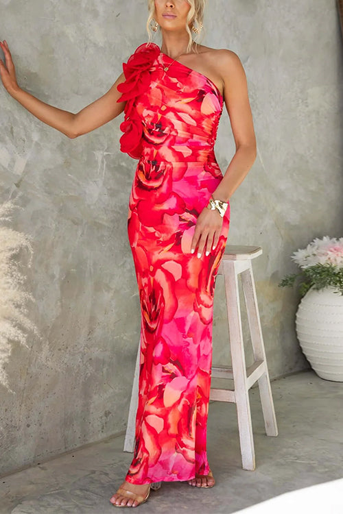 Margovil Ruffle One Shoulder Floral Print Bodycon Maxi Dress