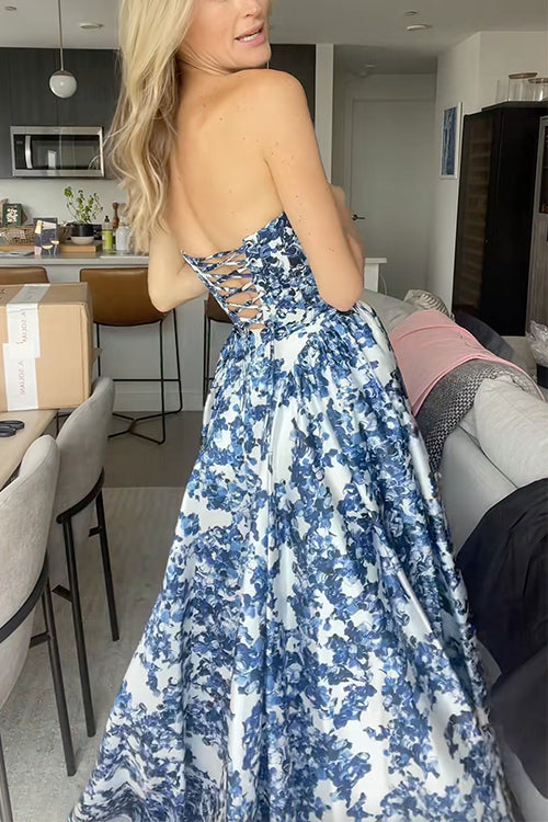 Margovil Strapless Back Lace-up Print Maxi Party Dress