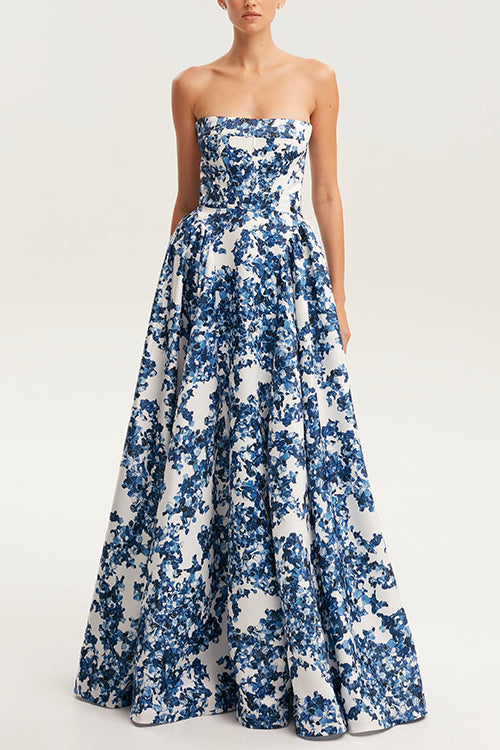 Margovil Strapless Back Lace-up Print Maxi Party Dress