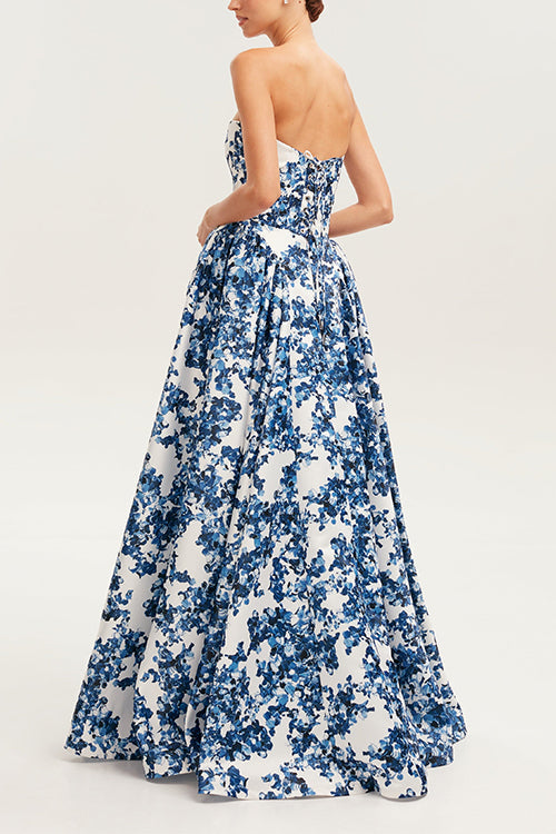 Margovil Strapless Back Lace-up Print Maxi Party Dress