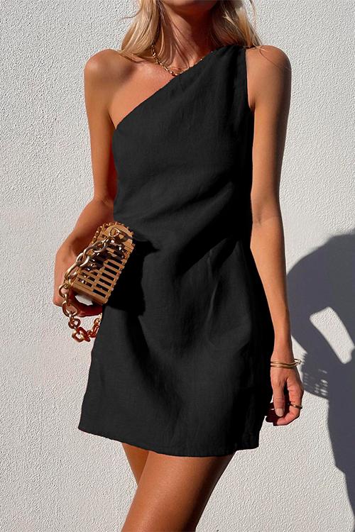 Margovil One Shoulder Solid Cotton Linen Mini Dress