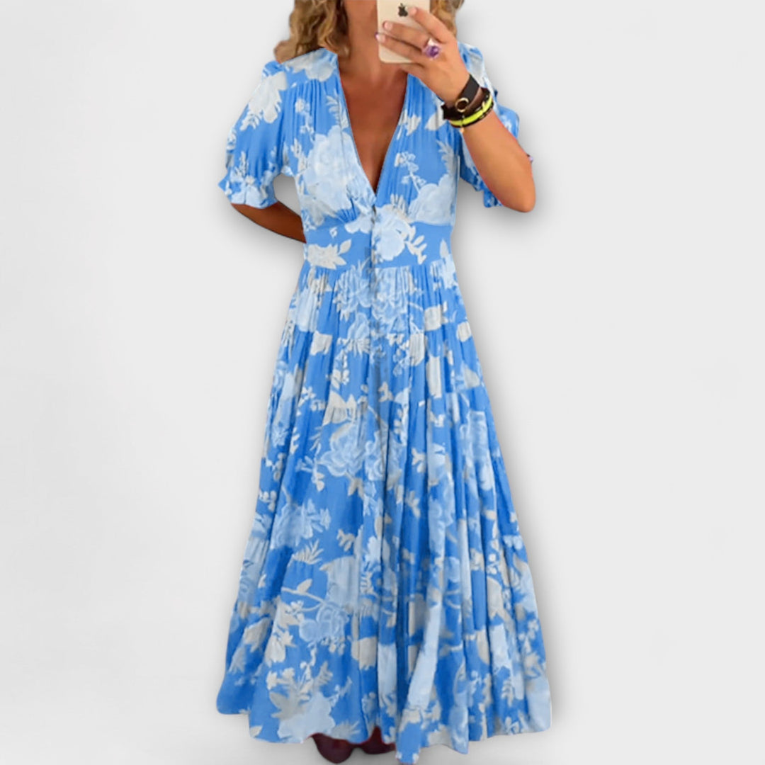 Catrisa - Floral Dress with V-Neck Cut and Pockets