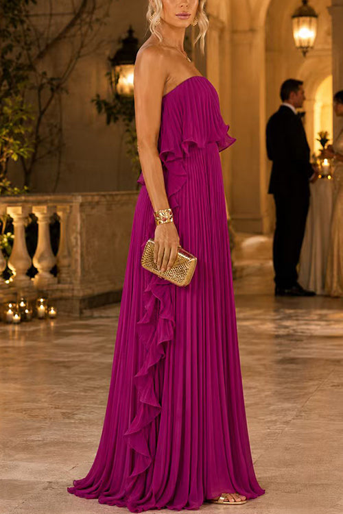 Margovil Elegant Strapless Tube Ruffle Pleated Maxi Dress