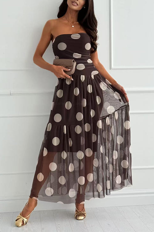 Margovil Strapless Polka Dot Mesh Ruffle Hem Maxi Dress