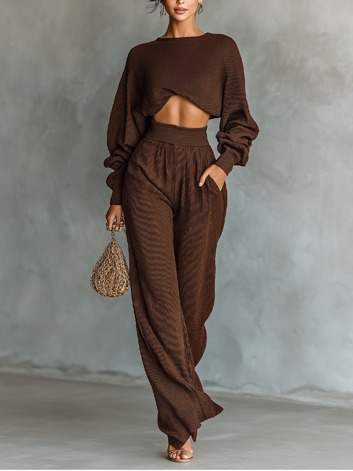 Women's Coffee-colored Short Top And Wide-leg Pants Knitted Set