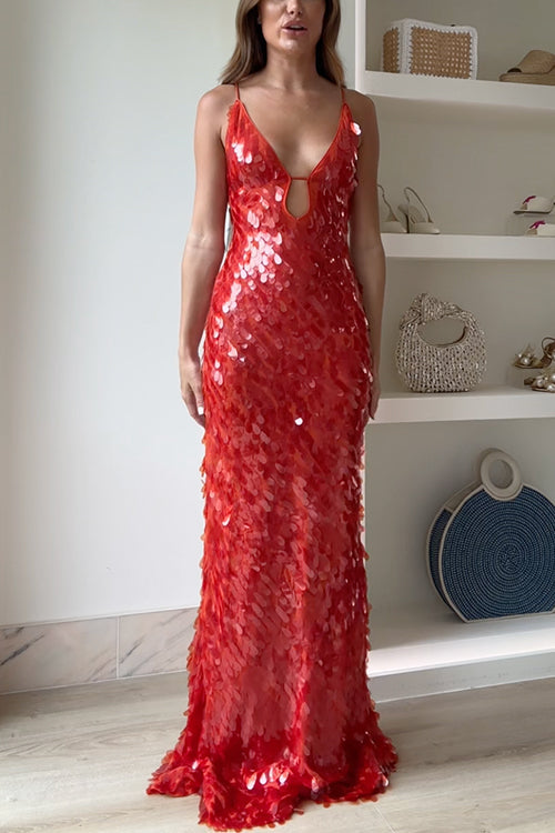 Margovil Spaghetti Strap V Neck Glitter Sequin Maxi Party Dress