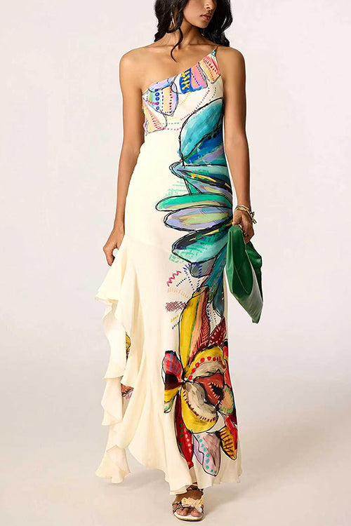 One Shoulder Floral Print Ruffle Hem Slit Maxi Dress