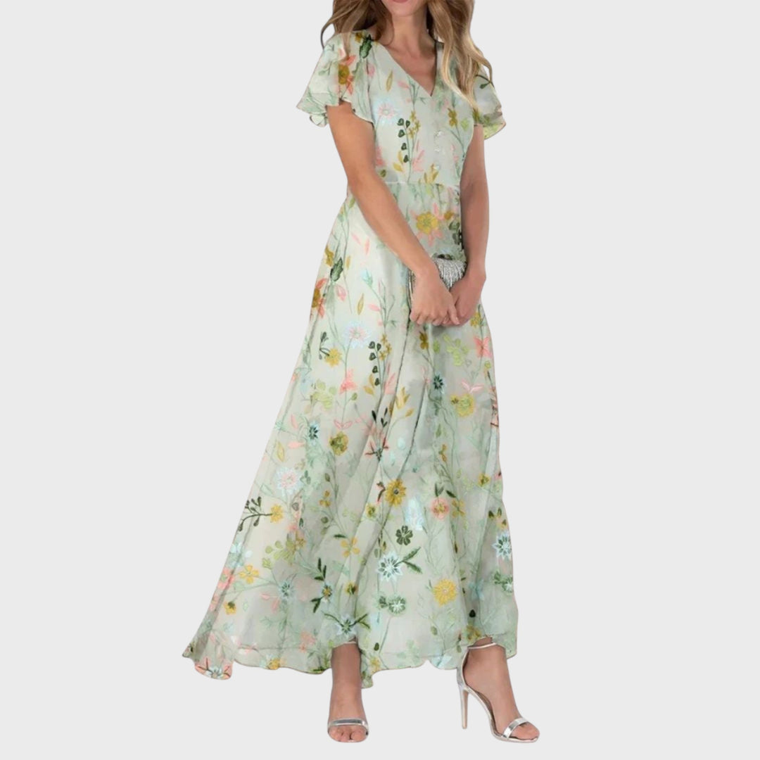 Kinga - Summer Maxi Dress with V-Neck and Ruffled Sleeves