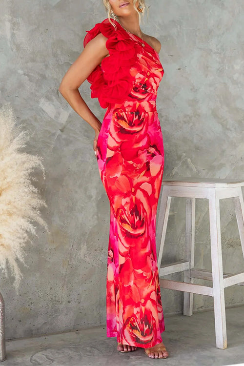 Margovil Ruffle One Shoulder Floral Print Bodycon Maxi Dress