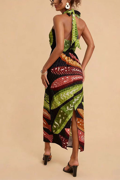 Margovil Halter Neck Backless Fish Print Maxi Dress