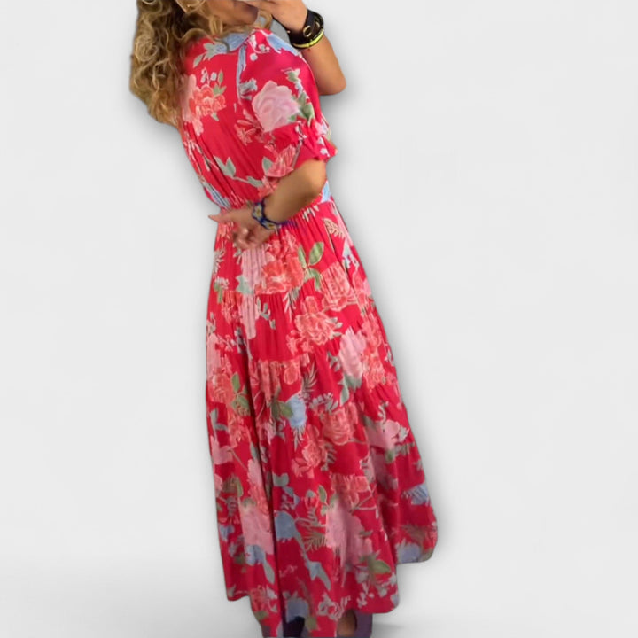 Catrisa - Floral Dress with V-Neck Cut and Pockets
