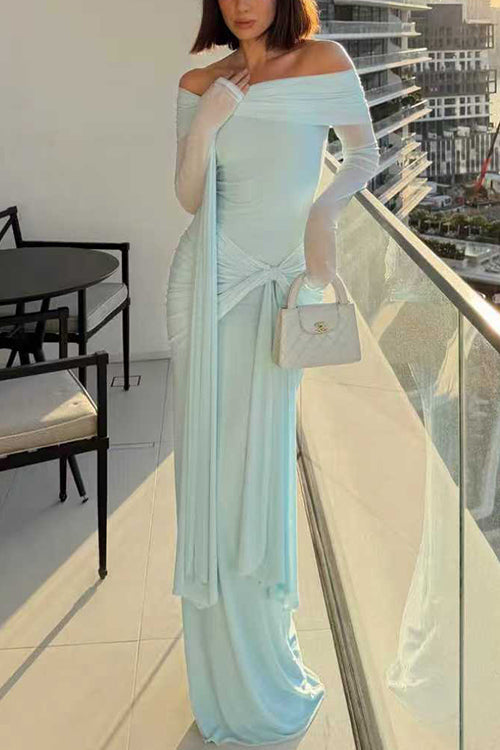 Margovil Off Shoulder Long Sleeves Knot Waist Draped Maxi Dress