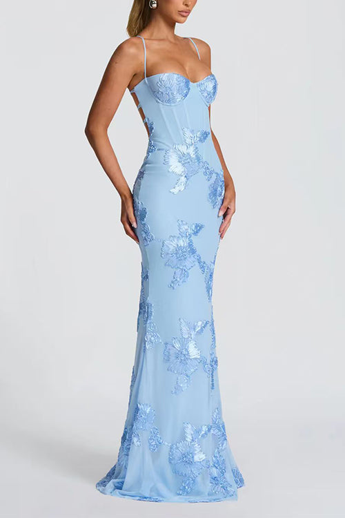 Margovil Backless Lace-up Corset Flower Embroidery Maxi Cami Dress
