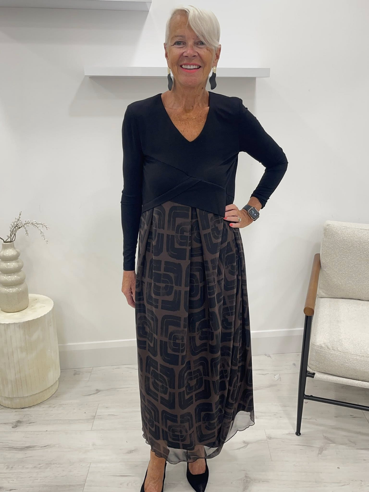 Maeve | Black midi dress in jersey and mesh