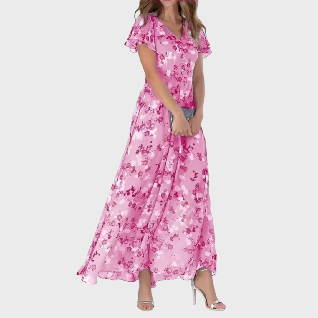 Kinga - Summer Maxi Dress with V-Neck and Ruffled Sleeves