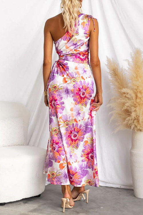 One Shoulder Cut Out Floral Print Slit Satin Maxi Dress