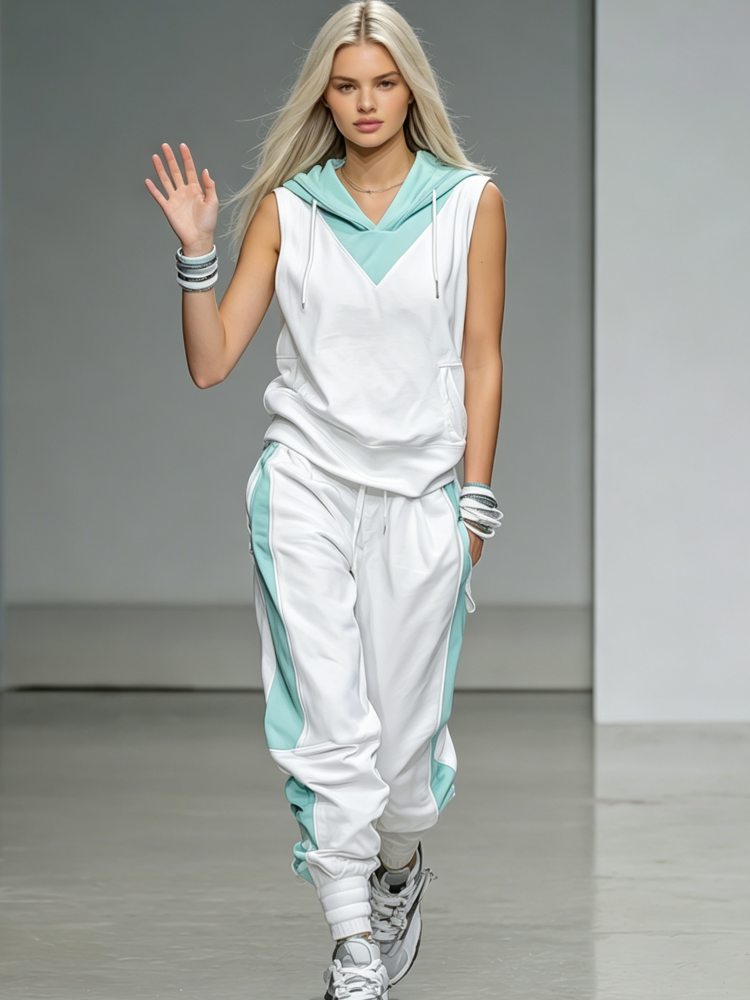 White & Teal Hooded Athleisure Set