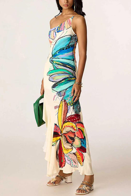 One Shoulder Floral Print Ruffle Hem Slit Maxi Dress