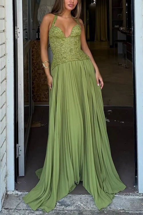 Margovil Halter Neck Back Lace-up Pleated Maxi Dress